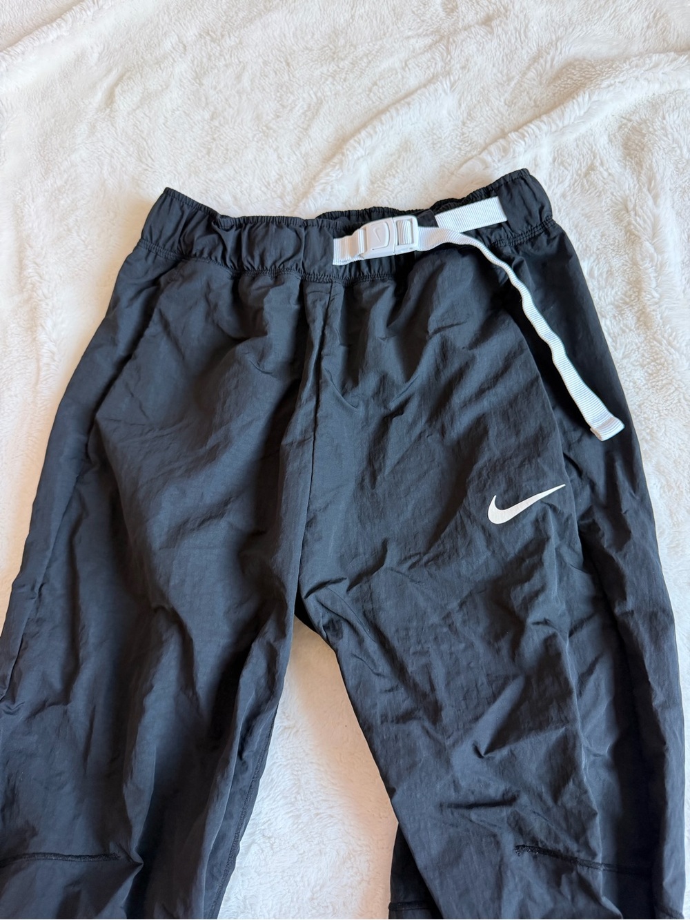 Nike Black Jogger Pants with White Swoosh and Belt